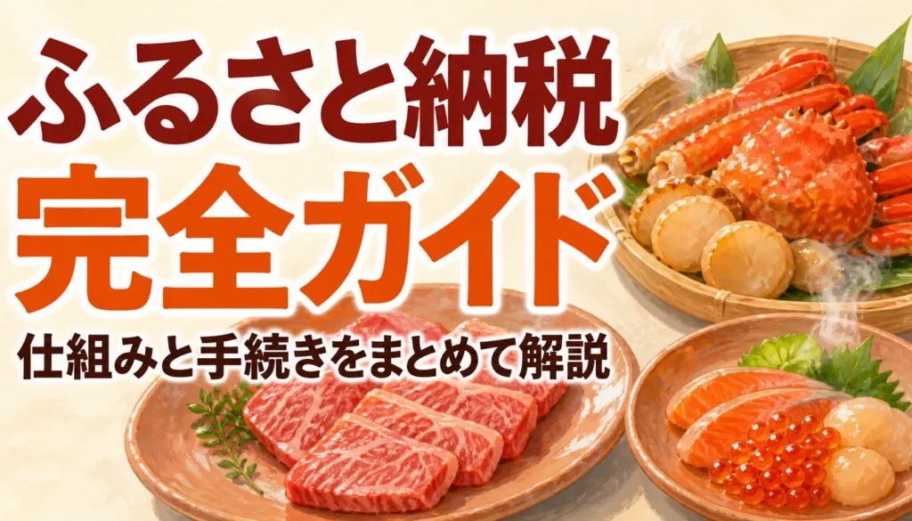 返礼品の詰め合わせ箱と書類が並ぶふるさと納税のイメージ