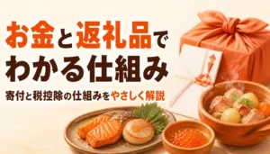 返礼品の箱と寄付の証明書が並んだイメージ
