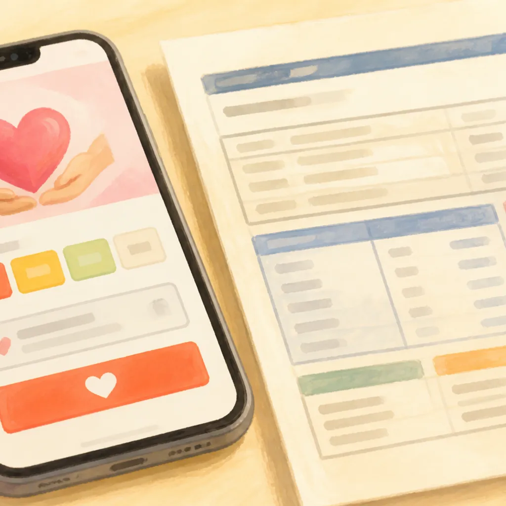 寄付の申込画面を開いたスマホと給与明細