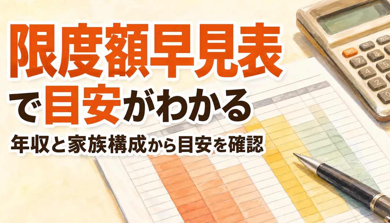 限度額の早見表と電卓を並べた机の様子