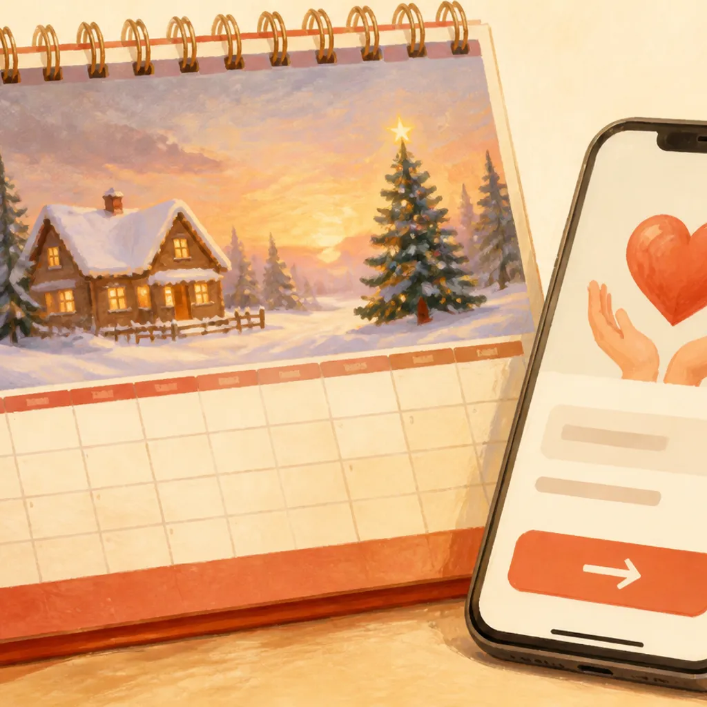12月のカレンダーとスマホで寄付を決済する場面