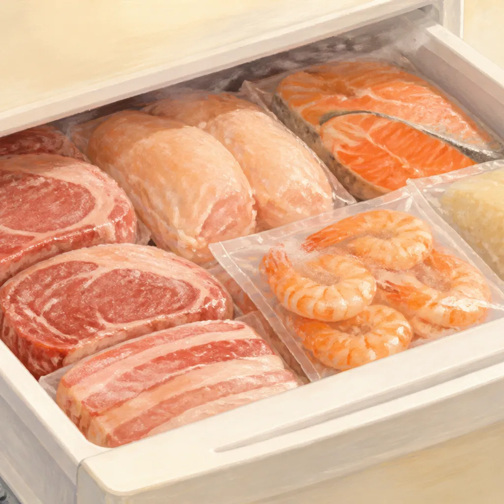 肉や海鮮の小分けパックが詰まった冷凍庫
