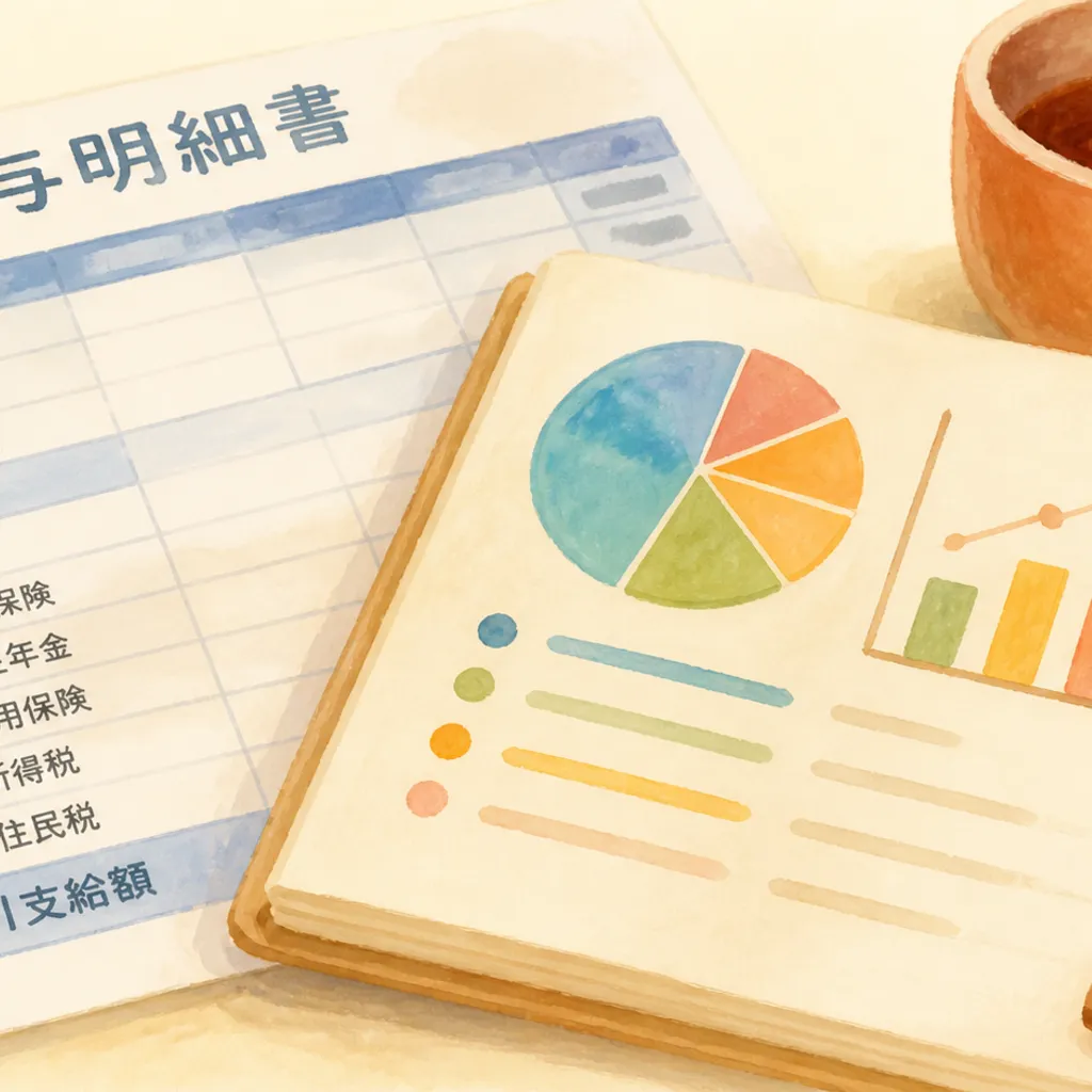 給与明細と年収の目安を書き込んだメモ