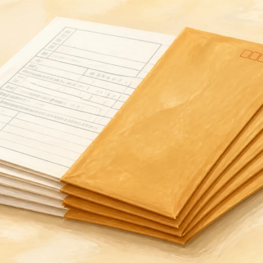 寄付先ごとに用意した変更届出書と封筒の束