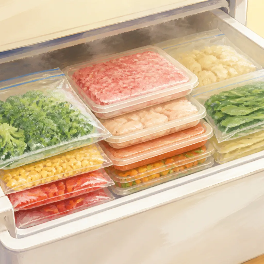 小分けの冷凍品が並んだ家庭用冷凍庫の引き出し