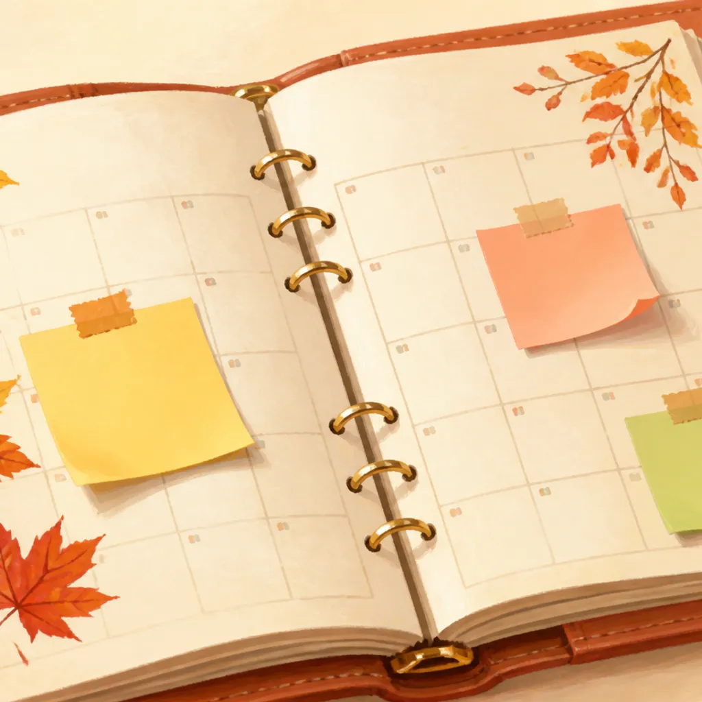 10月のページを開いた手帳に貼られた付箋