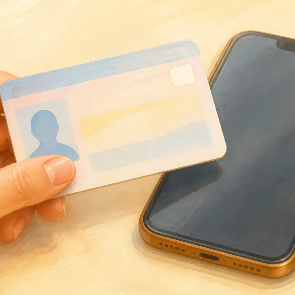 マイナンバーカードとNFC対応スマホを手に持つところ