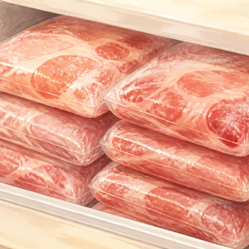冷凍庫の引き出しに重ねて収納された肉のパック