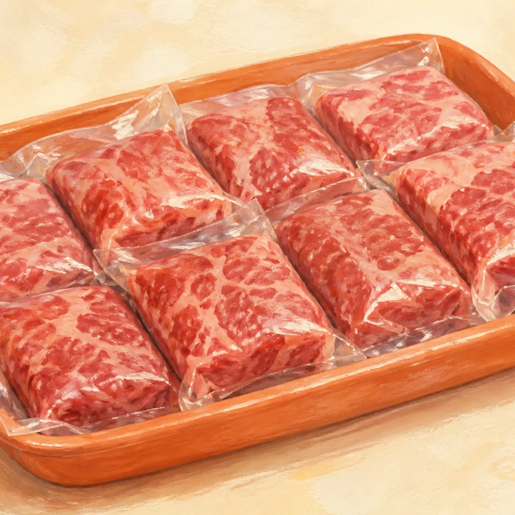小分け真空パックで冷凍された牛肉