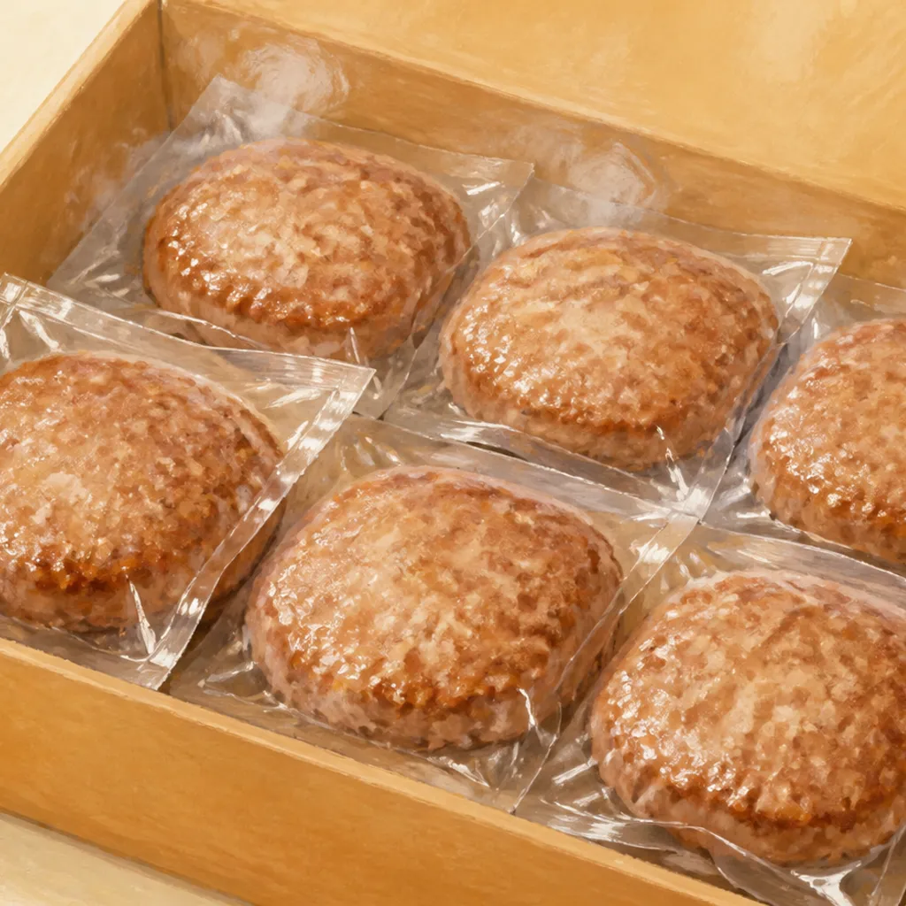 個包装で箱に詰められた冷凍ハンバーグ