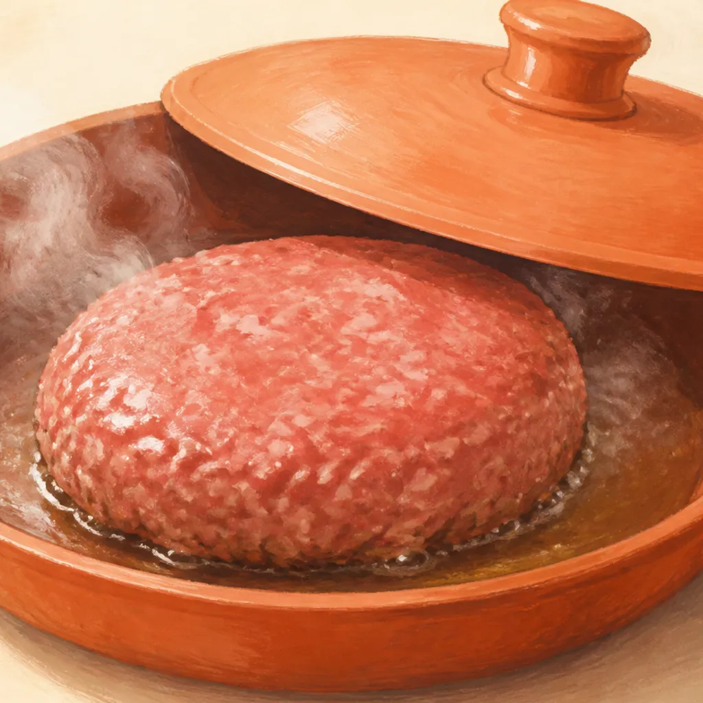 フライパンで蒸し焼きにしているハンバーグ