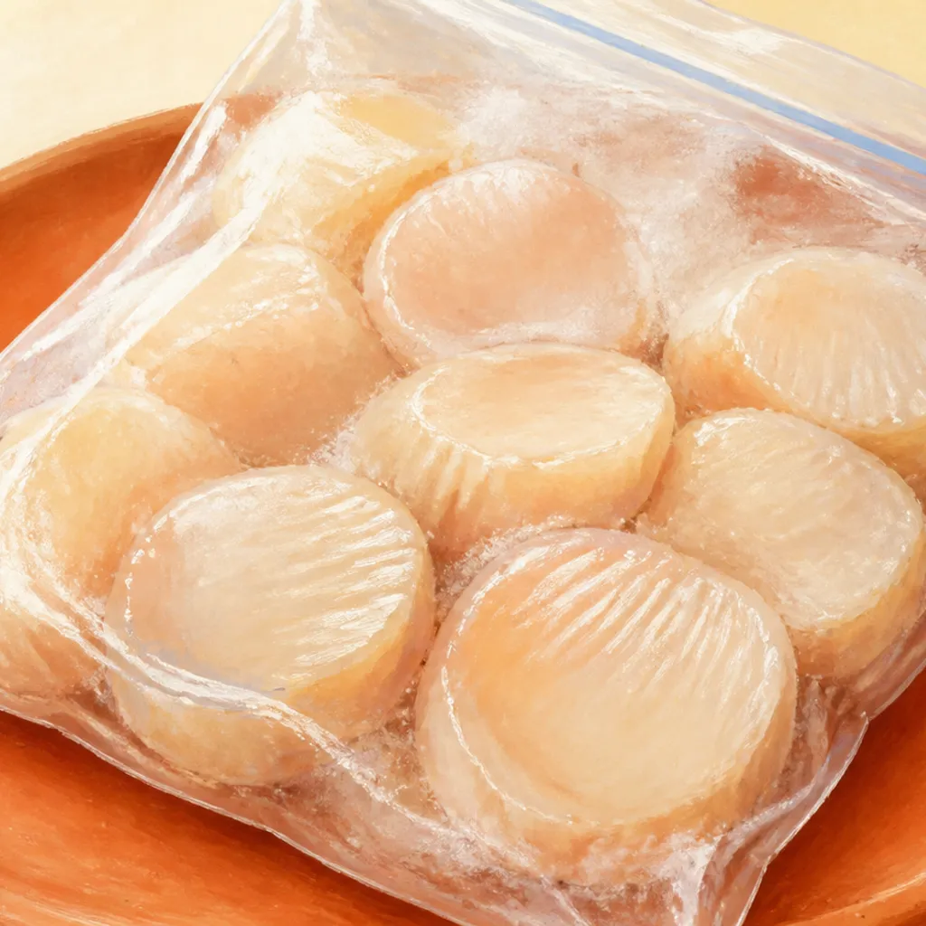 小分け袋に入った氷衣つきの冷凍ホタテ