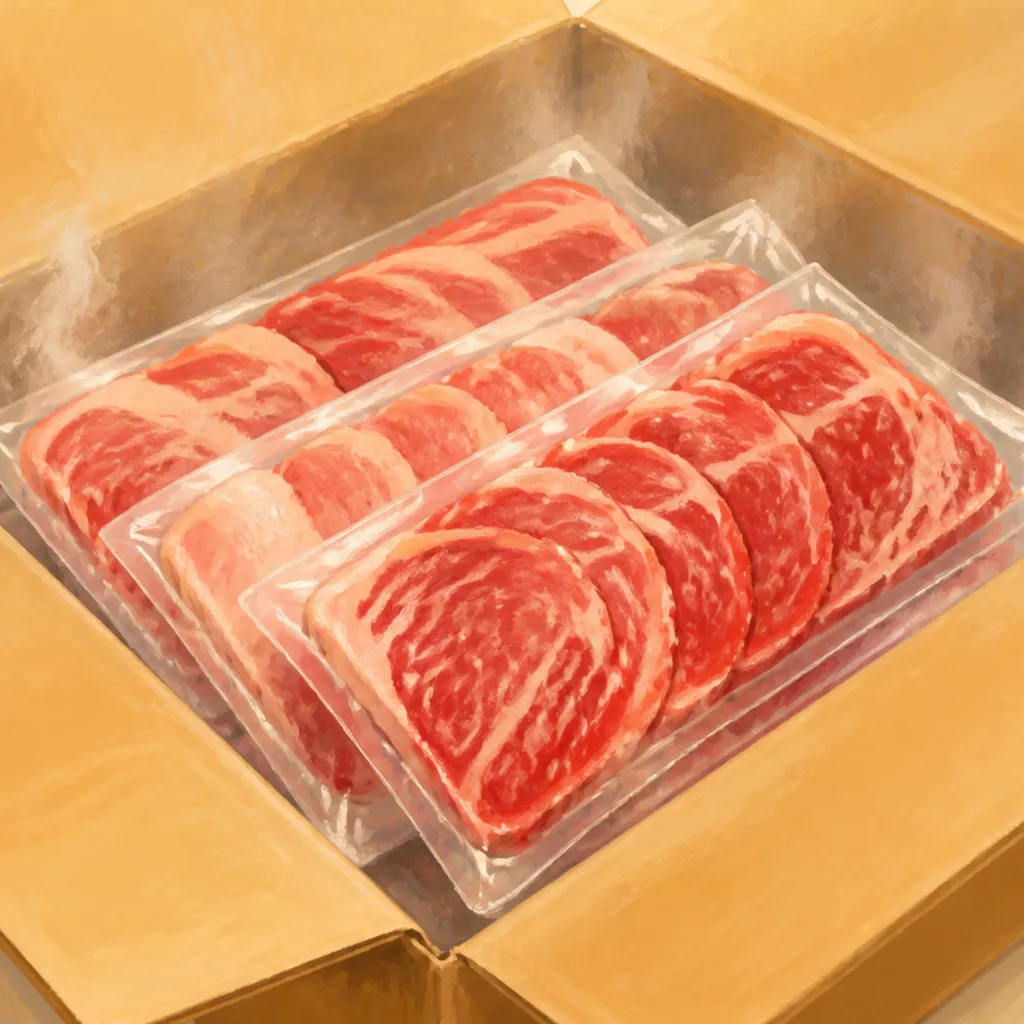 小分けされた冷凍牛肉が入った配送用の段ボール箱