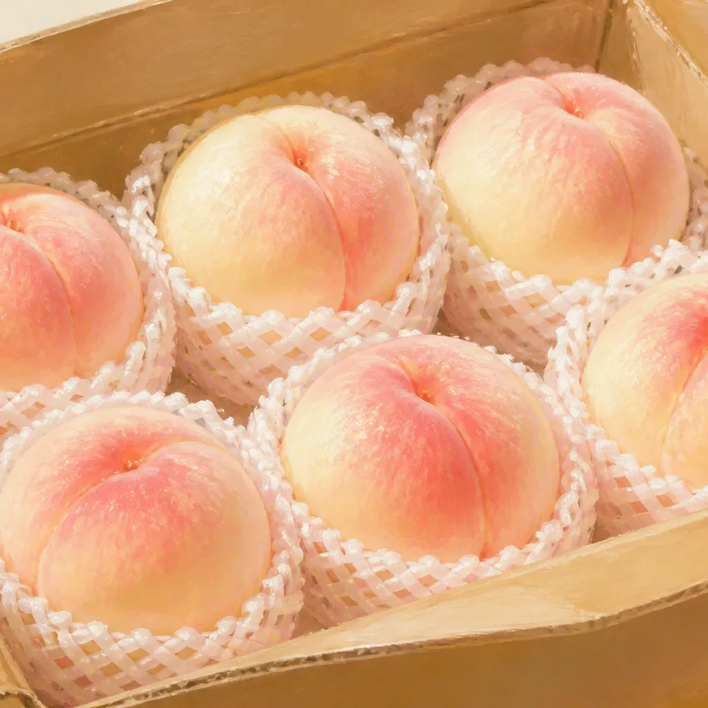 緩衝ネットに包まれて届いた桃の箱