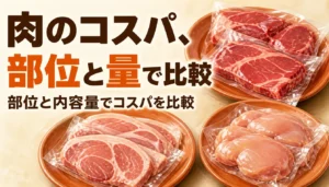 真空パックに入った牛・豚・鶏の生肉が並んだ様子