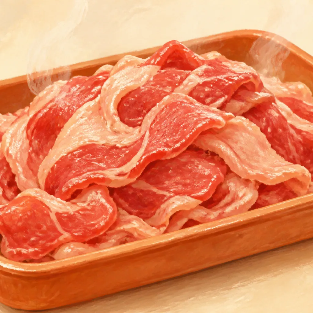 薄切りの牛切り落とし肉がトレーに盛られた様子