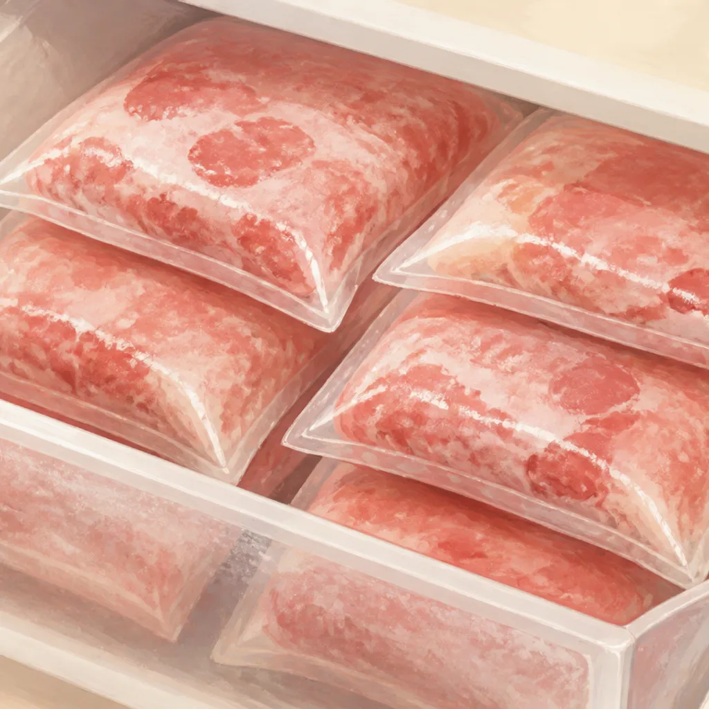 冷凍室の引き出しに積まれた小分けの冷凍肉パック