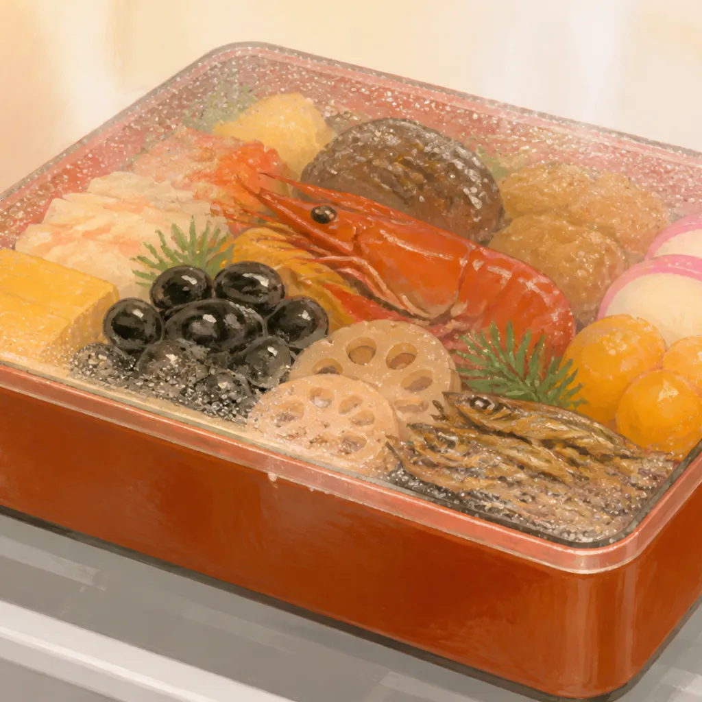 冷蔵庫の棚で解凍中の冷凍おせち