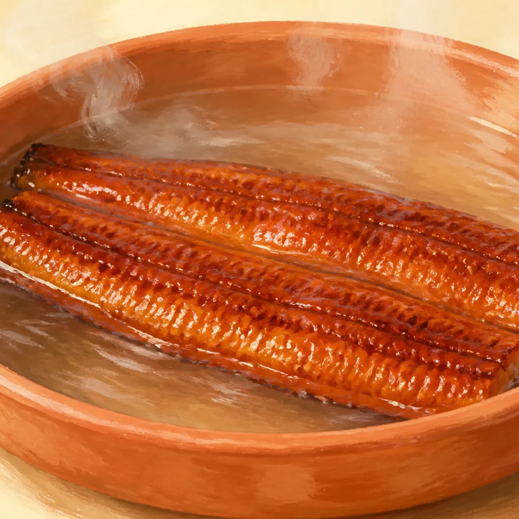 湯煎で温められて湯気が立つうなぎ